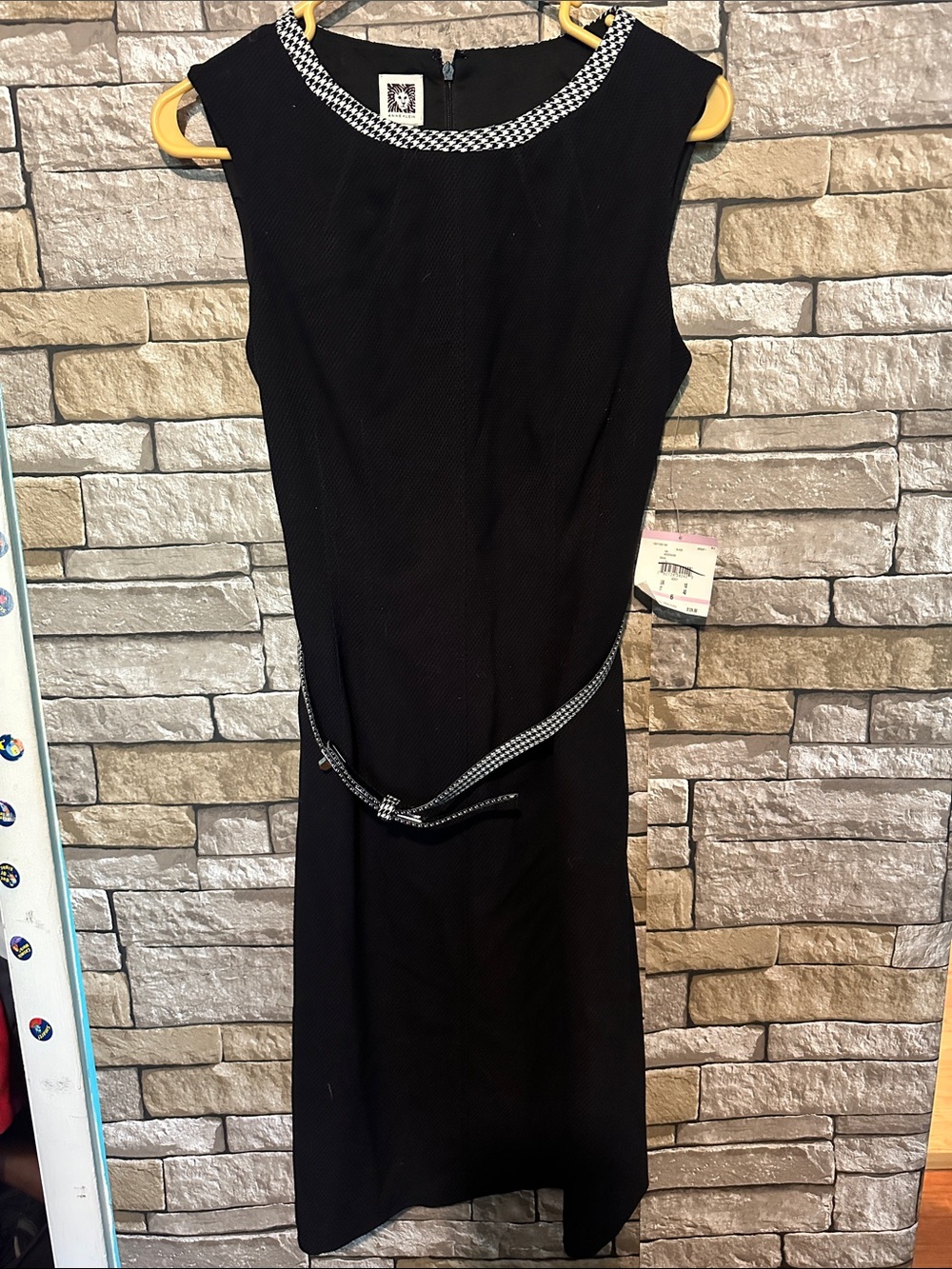 Anne Klein Black Midi Sheath Dress with Houndstooth Trim